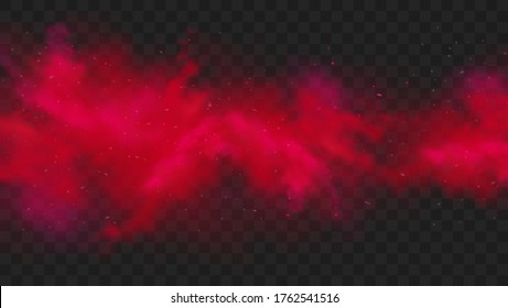 Red smoke or fog color isolated on transparent dark background. Abstract red powder explosion with particles. Colorful dust cloud explode, paint holi, mist smog effect. Realistic vector illustration