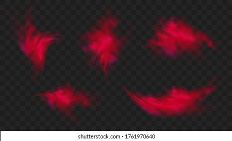 Red smoke or fog set color isolated on transparent background. Abstract red powder explosion with particles. Colorful dust cloud explode, paint holi, mist smog effect. Realistic vector illustration.