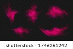 Red smoke or fog set isolated on transparent dark background. Abstract pink powder explosion with particles. Colorful dust cloud explode, paint holi, mist smog effect. Realistic vector illustration