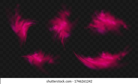 Red smoke or fog set isolated on transparent dark background. Abstract pink powder explosion with particles. Colorful dust cloud explode, paint holi, mist smog effect. Realistic vector illustration