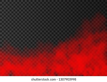 Red smoke  isolated on transparent background.  Steam special effect.  Realistic  colorful vector fire fog  or mist texture. 