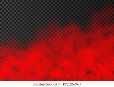 Red smoke  isolated on transparent background.  Steam special effect.  Realistic  colorful vector fire fog  or mist texture. 