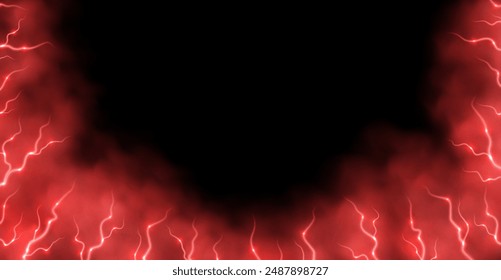 Red smoke with lightnings abstract background, thunderbolts and vapor, lightning in red fog. Neon haze with energy charges. Vector illustration.