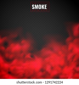 Red smoke. Mist red powder clouds smoking spooky dusty fog condensation transparent smog texture isolated on black vector background