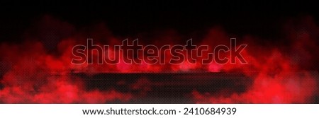 Red smoke overlay effect on black background. Vector realistic illustration of abstract hot fire and flame clouds in hell, paint powder sprayed in air, magic power, spooky Halloween atmosphere design