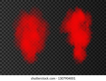 Red smoke puff  collection  isolated on transparent background.  Steam explosion special effect.  Realistic  vector  column of  fire fog or mist texture .
