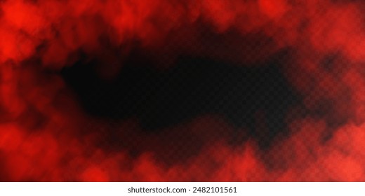 Red smoke, smog cloud on podium or stage, isolated transparent special effect. Vector illustration, fog vapor over ground or water surface, magic haze.
