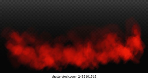 Red smoke, smog cloud on podium or stage, isolated transparent special effect. Vector illustration, fog vapor over ground or water surface, magic haze.
