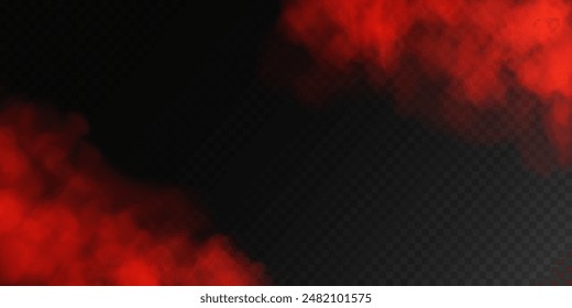Red smoke, smog cloud on podium or stage, isolated transparent special effect. Vector illustration, fog vapor over ground or water surface, magic haze.
