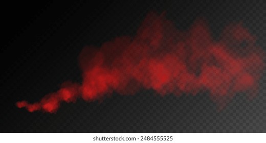 Red smoke, smog cloud on podium or stage, isolated transparent special effect. Vector illustration, fog vapor over ground or water surface, magic haze.	