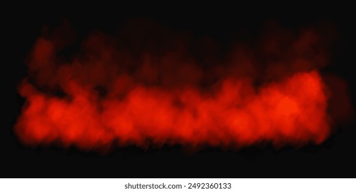 Red smoke, smog cloud on podium or stage, isolated transparent special effect. Vector illustration, fog vapor over ground or water surface, magic haze.	
