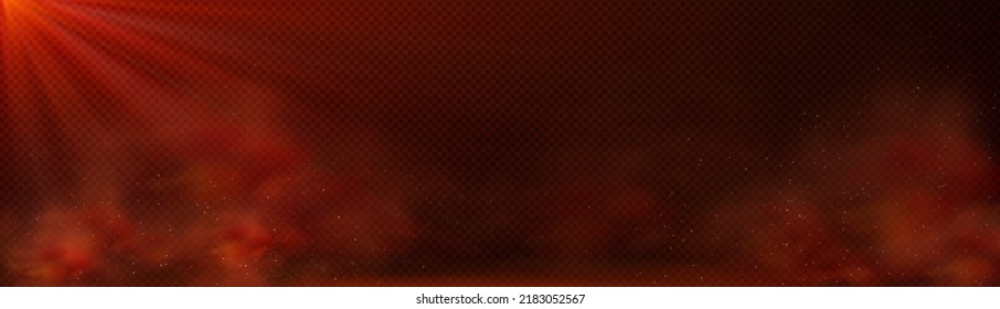 Red smoke and sun rays on transparent background. Fog clouds with shiny beams, dust spray, water drops, magic flow mist, smoky fume stream or haze. Realistic 3d vector isolated steaming vapour