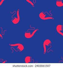 Red Smoking pipe with smoke icon isolated seamless pattern on blue background. Tobacco pipe.  Vector