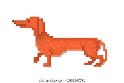 Red Smooth Dachshund, Pixel Art Character Isolated On White Background. Walking Puppy, Side View. Small Dog Breed. Pet Friend. Old School 8 Bit Slot Machine Icon. Retro 80s,90s Video Game Graphics.