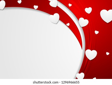 Olas lisas rojas y corazones blancos de fondo abstracto. Diseño vectorial de San Valentín