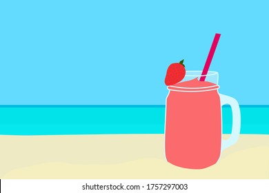 The red smoothie in a glass cup with a strawberry on top at the beach with the sea. A cold soft drink for summer. Healthy beverage. Travel advertisement. Tropical vacation. Holiday trip. 