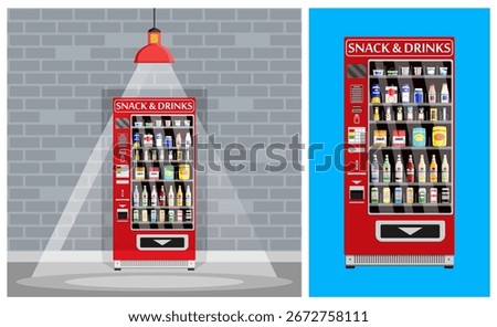 Red snack and drink vending machine with food items. Flat style stock vector set collection illustration for business concept.