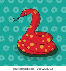 red snake adorned with yellow spots, set against a green background with lighter green floral patterns. The snake is depicted in a coiled position, suggesting alertness or readiness, with its head rai