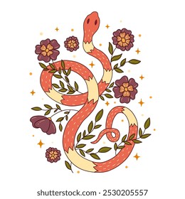 Red snake among flowers, leaves and stars on white background. Colorful stylized trendy vector isolated illustration hand drawn. Abstract botanical poster