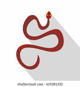 Red snake with blue stripes icon. Flat illustration of red snake with blue stripes, vector icon for web