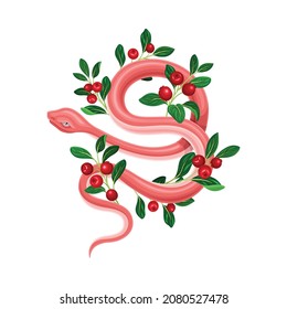 Red snake coiled around cranberry branch vector illustration