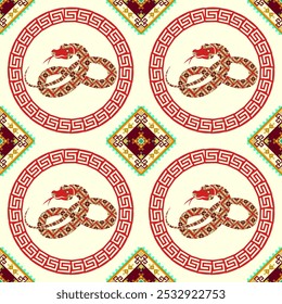 Red snake decorated with geometric seamless pattern isolated on cream background.