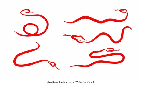 red snake doodle vector set featuring six minimalistic snake shapes. sleek and dynamic line art style isolated on white background
