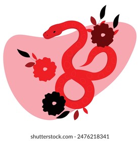 Serpiente Roja Y Flores Ilustración