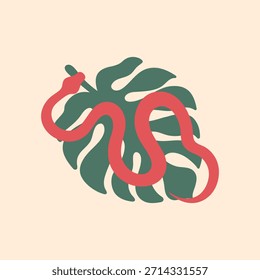 Red snake on monstera leaf. Vector illustration