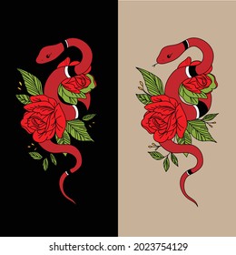 Red snake and roses. For tattoo, fashion, Art, tee. Isolated from BG