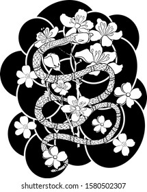 Red snake with sakura flower vector for tattoo style.Little snake illustration for printing on T-shirt isolated on white background.