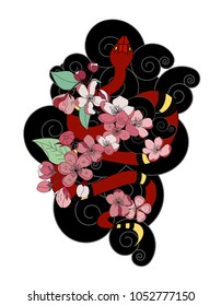 red snake tattoo with cherry blossom on cloud background.