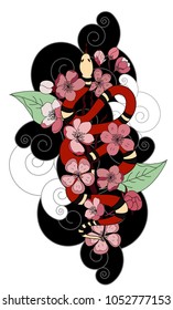 red snake tattoo with cherry blossom on cloud background.