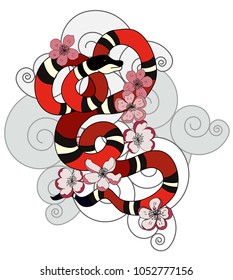 red snake tattoo with cherry blossom on cloud background.