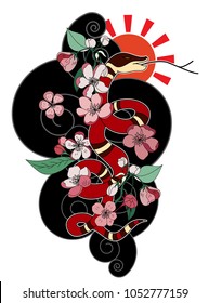red snake tattoo with cherry blossom on cloud background.