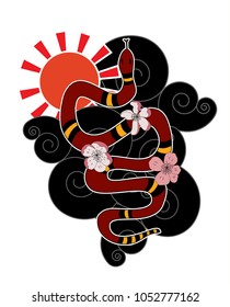 red snake tattoo with cherry blossom on cloud background.
