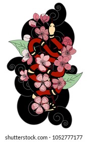 red snake tattoo with cherry blossom on cloud background.