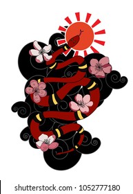red snake tattoo with cherry blossom on cloud background.