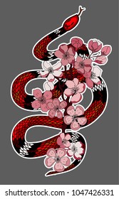 red snake vector and Cherry flower spring season vector illustration background.Poster design Red snake Reptile and Sakura flower for printing and tattoo.