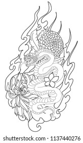  red snake vector and Cherry flower spring season vector illustration background.Poster design Red snake Reptile and Sakura flower for printing and tattoo.