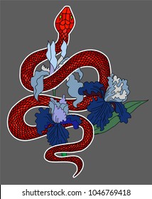 Red snake vector with hibiscus flower and iris flower isolate.Snake tattoo design.
