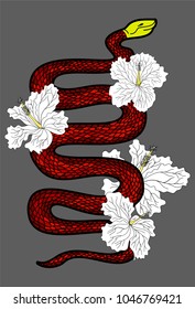 Red snake vector with hibiscus flower and iris flower isolate.Snake tattoo design.
