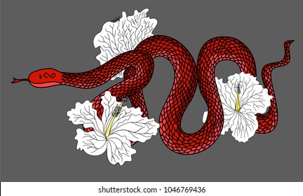 Red snake vector with hibiscus flower and iris flower isolate.Snake tattoo design.