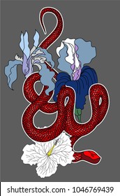 Red snake vector with hibiscus flower and iris flower isolate.Snake tattoo design.