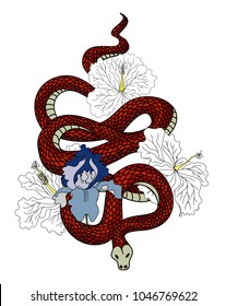 Red snake vector with hibiscus flower and iris flower isolate.Snake tattoo design.