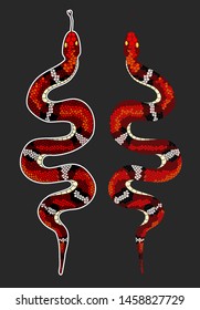 red snake vector.Lampropeltis triangulum vector.Sticker and hand drawn snake for tattoo.Red snake Reptile on black background.