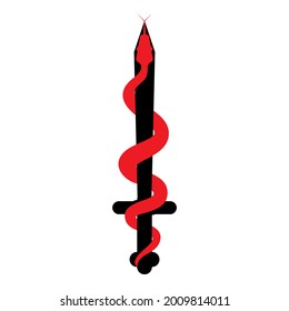 Red snake wrapped around the black sword. Business logo or brand identity and symbol.