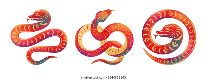 Red snakes Chines CNY zodiac signs, greeting card design elements. Snakes chinese, japanese horoscope symbols, Happy new 2025 year of the Snake, paper cut art and craft style vector illustration