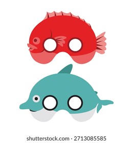 Pargo rojo y pez delfín máscara de cumpleaños tema animales de mar ilustración de iconos de dibujos animados