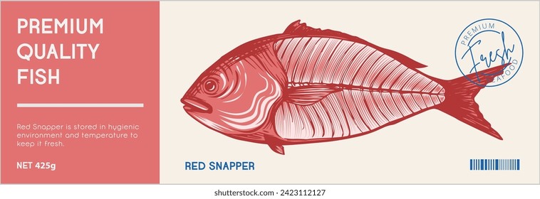 Red snapper fillet seafood label illustration with text. hand drawn  snapper fish for packaging design. editable vector design.
